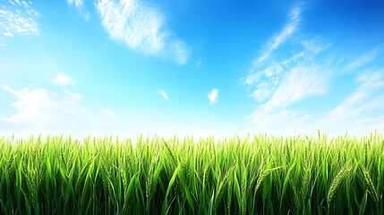 Obraz premium A vibrant field of green grass extends towards the blue sky
