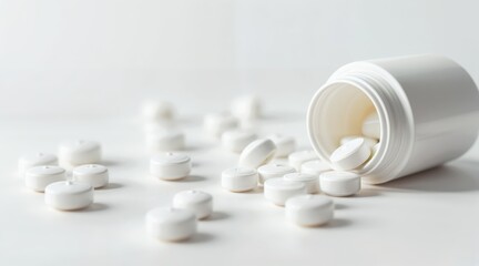 Open white plastic medicine bottle with scattered white tablets on a neutral surface, cap placed beside, pharmaceutical theme, healthcare, prescription medication, drug treatment, pharmacy.