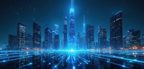 Fototapeta premium Futuristic cityscape, glowing blue lights form data streams, digital communication in modern metropolis. Night scene skyscrapers, digital innovation, technology, connection, business, finance, future