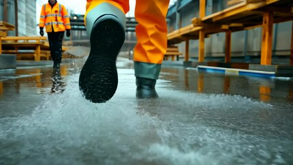 Construction worker walking through puddles in reflective gear on an industrial site, 4k video