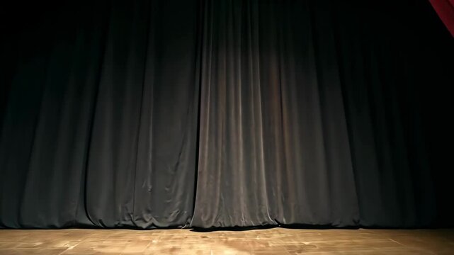 Red velvet theater curtains open on dramatic stage with spotlights and darkened auditorium atmosphere, 4k video