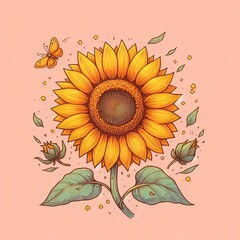 Vibrant Sunflower Illustration with Butterfly and Delicate Details Summer Floral Art