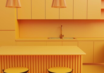 Monochrome Yellow contemporary kitchen tabletop with empty space for your product display over beautiful bright kitchen background. Golden sink. Minimal elegant trendy kitchen. 3d rendering.