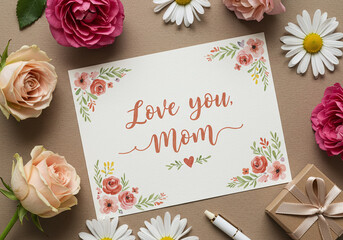 A touching Mother’s Day illustration showcasing a 'Love You, Mom' note written in elegant script on floral stationery, accompanied by soft pastel flowers like roses and daisies
