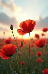 Obraz premium Red poppies field at sunset. Bright sunlight illuminates vibrant blossoms. Landscape nature scene, summer meadow with wildflowers. Tranquil countryside beauty, perfect idyllic floral view.