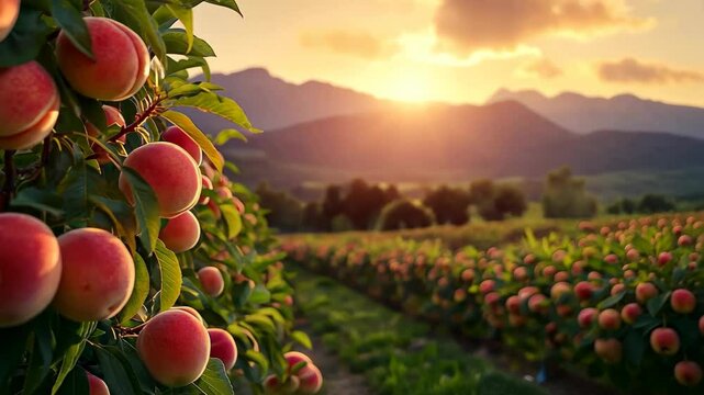 Lush peach orchard at sunset with vibrant fruit and stunning mountain backdrop in tranquil countryside setting, 4k video