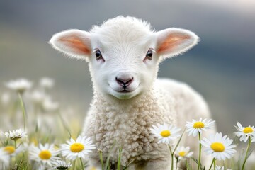 Obraz premium Adorable lamb standing in a field of daisies