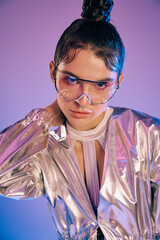 Futuristic fashion statement with holographic colors and edgy styling in vibrant urban setting