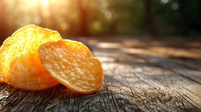 Crispy chips on a wooden table outdoors