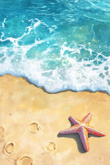 Serene Beach Scene Starfish on Sandy Shore with Turquoise Ocean Waves