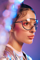 Stylish woman embodies futuristic fashion with holographic colors in vibrant urban setting