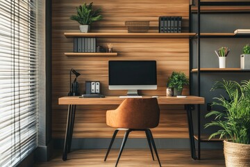 Modern home office with warm wooden accents.  A comfortable workspace featuring a sleek desk, a contemporary chair, and a minimalist computer setup.  Shelving provides organized storage.