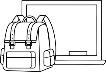 Backpack and Blackboard Outline Isolated on White Education Concept Line Art