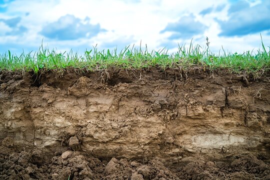 Exposed soil profile featuring layers of earth and green grass