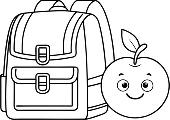 Cartoon Backpack with Smiling Apple on Transparent Background Line Art Design