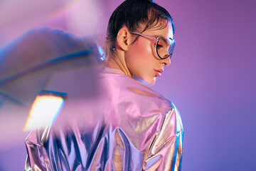 Stylish woman showcases holographic fashion in vibrant futuristic setting