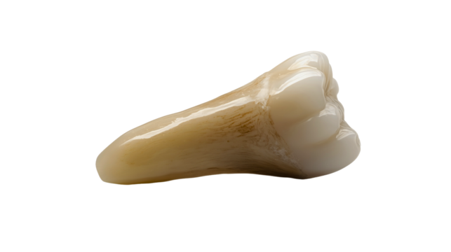 An extracted human tooth from the human jaw, a classic old human tooth with one root, showing various signs of deterioration and processes.
