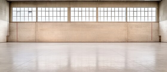 Indoor shot of an empty handball court with light filtering in from windows above