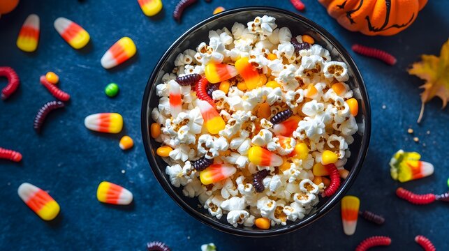 Bowl of popcorn mixed with gummy worms and candy corn for a Halloween snack mix