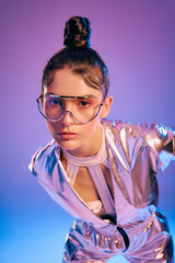 Futuristic fashion statement with holographic colors and stylish attire by a vibrant woman