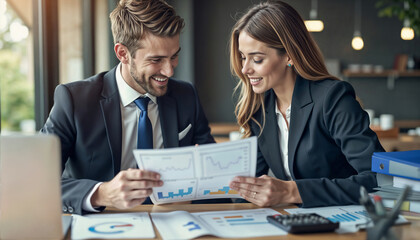 Focused colleagues analyzing complex financial charts, positive teamwork in bookkeeping review and strategic business planning for growth in modern office, bookkeeping affair