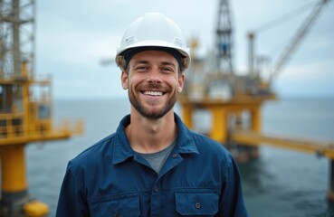 Smiling worker offshore oil rig cloudy day. Man in safety gear against marine equipment background, showing energy industry, labor, professional job. Maritime sector, engineering, resource operation.