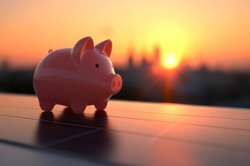 The representation of a piggy bank on solar panels during sunset symbolizes the act of saving money through the use of renewable energy sources