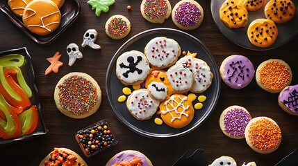 Halloween cookie decorating station with sprinkles icing and spooky toppings