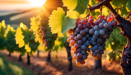 Fototapeta premium Vibrant grapevines bask in sunlight, showcasing clusters of ripe grapes against lush green leaves