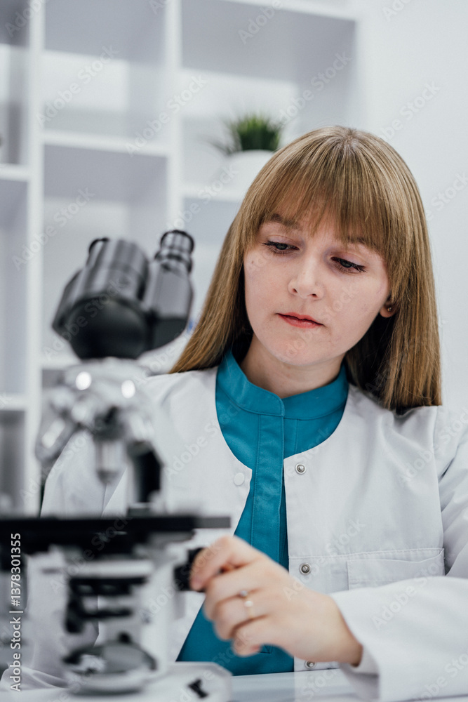 Poster A scientist in  white lab coat and blue uniform is carefully adjusting microscope to observe samples in detail. The modern laboratory setting with clean shelves  tools creates professional atmosphere