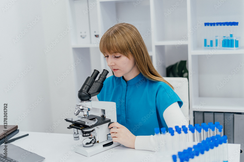 Poster a young scientist wearing a blue uniform is focused on observing samples through a microscope in a m