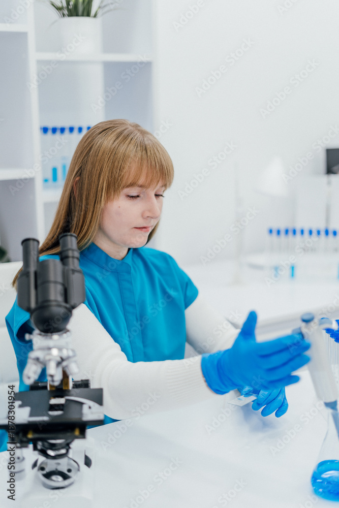 Poster a focused lab technician in a blue uniform and gloves prepares scientific samples in a modern labora