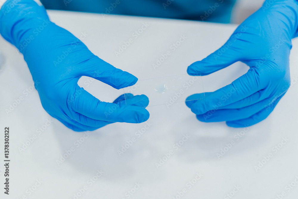 Poster A closeup gloved hands carefully holding microscope slide with a drop precision and cleanliness in laboratory work. bright blue gloves contrast with white background, creating clean professional look