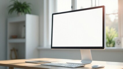 A spacious and bright workspace showcases a minimalist computer setup on a wooden desk. Natural light filters through the windows, adding warmth to the serene environment.