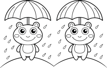 Cute Animal Cartoon Under Umbrella In Raindrops Black And White Line Art Design