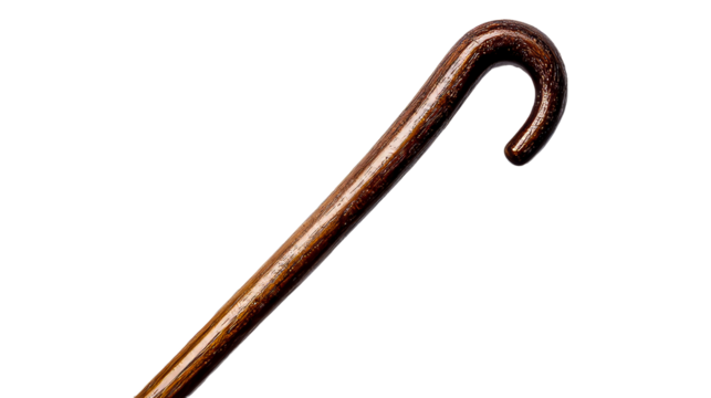 Wooden walking stick, shiny lacquered cane with a curved handle, cut out transparent