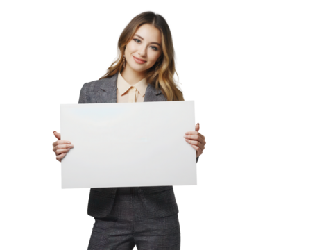 Businessfrau im Anzug mit leerem Schild in den Händen PNG mit transparentem Hintergrund