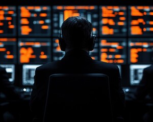 A silhouette of a person wearing headphones, facing multiple screens displaying vibrant data patterns in a high-tech environment.