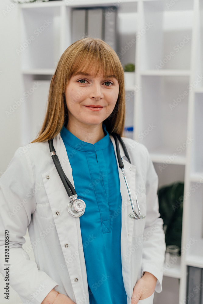 Poster a smiling female doctor in a white coat with a stethoscope standing in a laboratory. the background 