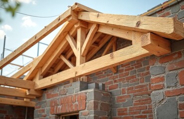 Obraz premium Wooden roof truss construction over red brick wall. House framework building site in progress. New home construction, renovation, rebuilding, industry tech, architecture, engineering. Building