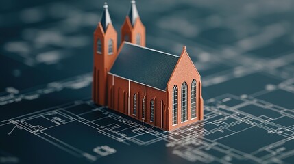 Architectural model showcase miniature church design on blueprints indoor environment high-detail viewpoint