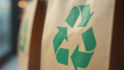 Recyclable bags lined up in a cozy, modern cafe spotlight eco-friendly alternatives. Bright green recycling symbols inspire patrons to embrace sustainability while enjoying their time.