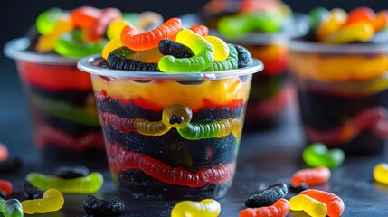 Close-up of Halloween pudding cups with gummy worms for a spooky snack
