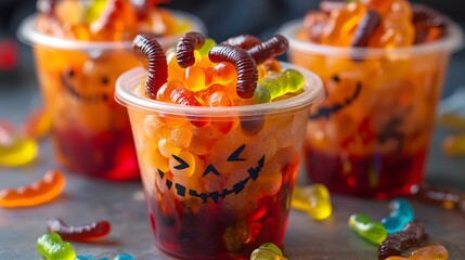 Close-up of Halloween pudding cups with gummy worms for a spooky snack