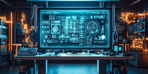 Obraz premium Futuristic workspace showcasing advanced technology with interactive digital interfaces. Holographic displays illuminate dark tech environment
