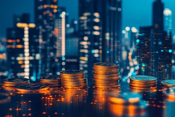 Against the setting of modern digital technology, a graph illustrates a steady increase in investments, as piles of gold coins gradually ascend to represent growing financial prosperity