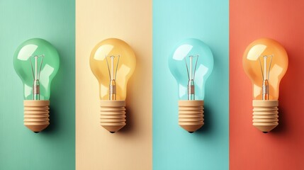 Four colorful light bulbs on pastel backgrounds create a vibrant composition, ideal for themes of innovation, energy, or creativity in marketing materials or blog posts,