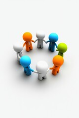 Colorful 3D figures are holding hands in a circular formation, symbolizing unity and collaboration, Ideal for topics on teamwork, diversity, or community engagement,