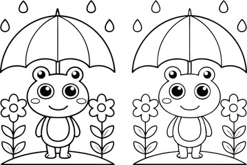 Cute Frogs with Umbrella and Flowers, Cartoon Black and White Line Art
