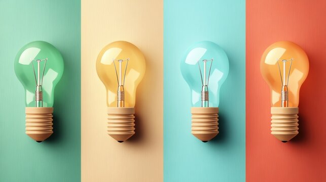 Four colorful light bulbs on pastel backgrounds create a vibrant composition, ideal for themes of innovation, energy, or creativity in marketing materials or blog posts,